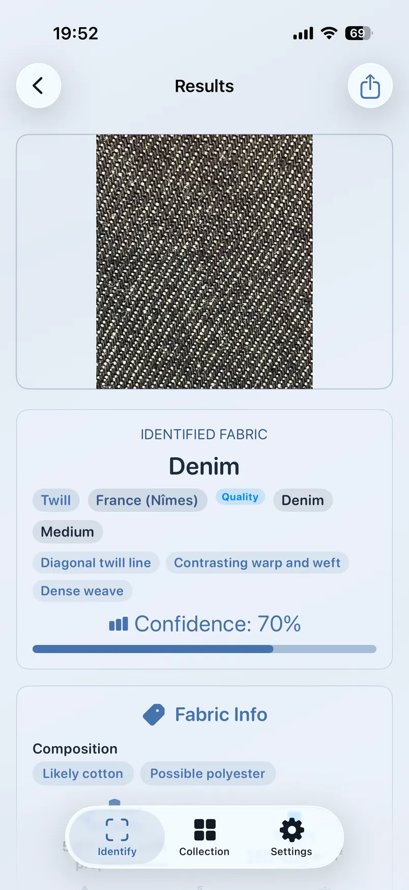 Fabric Identifier result for a denim swatch: Denim, twill weave, likely cotton, possible polyester, 70% confidence.