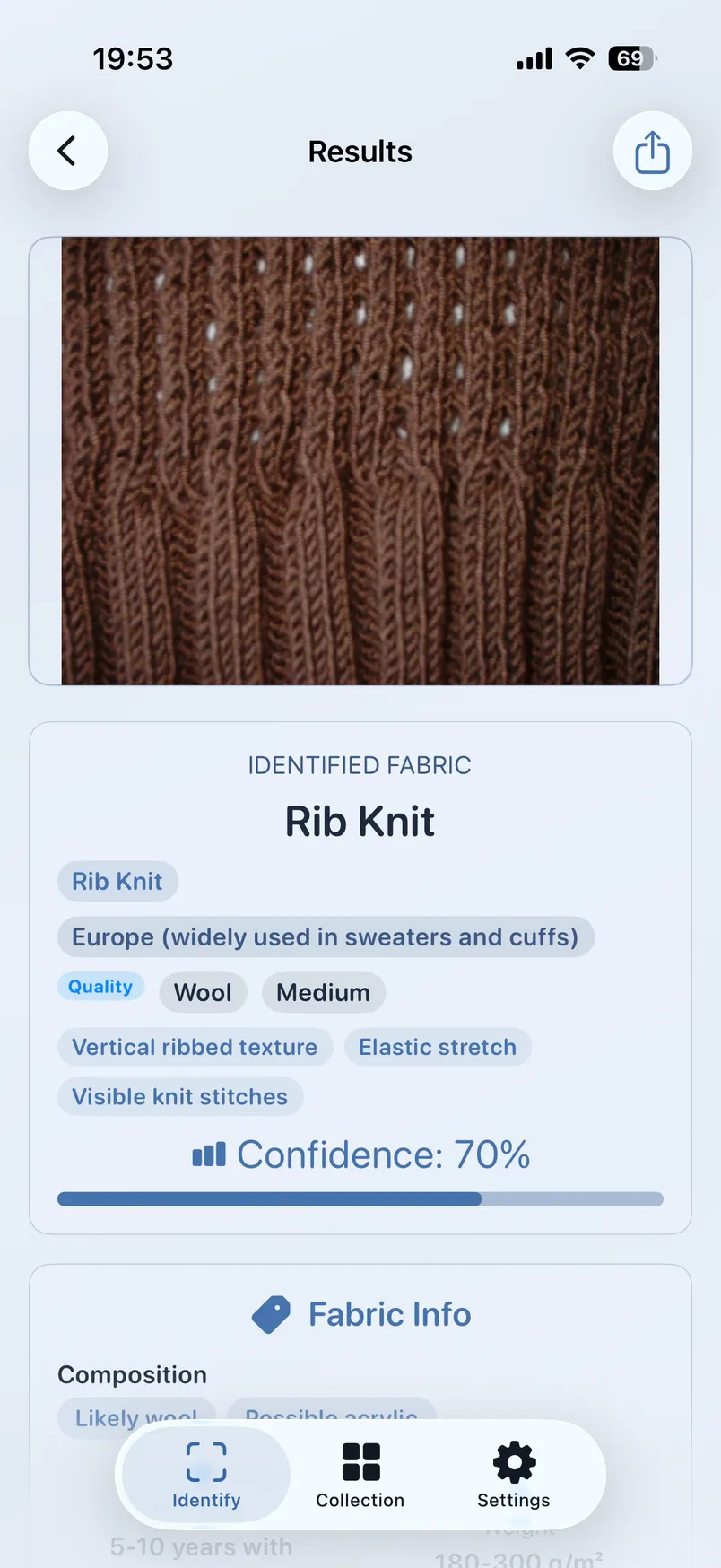 Fabric Identifier result for a brown knit: Rib Knit, likely wool, possible acrylic, 70% confidence.