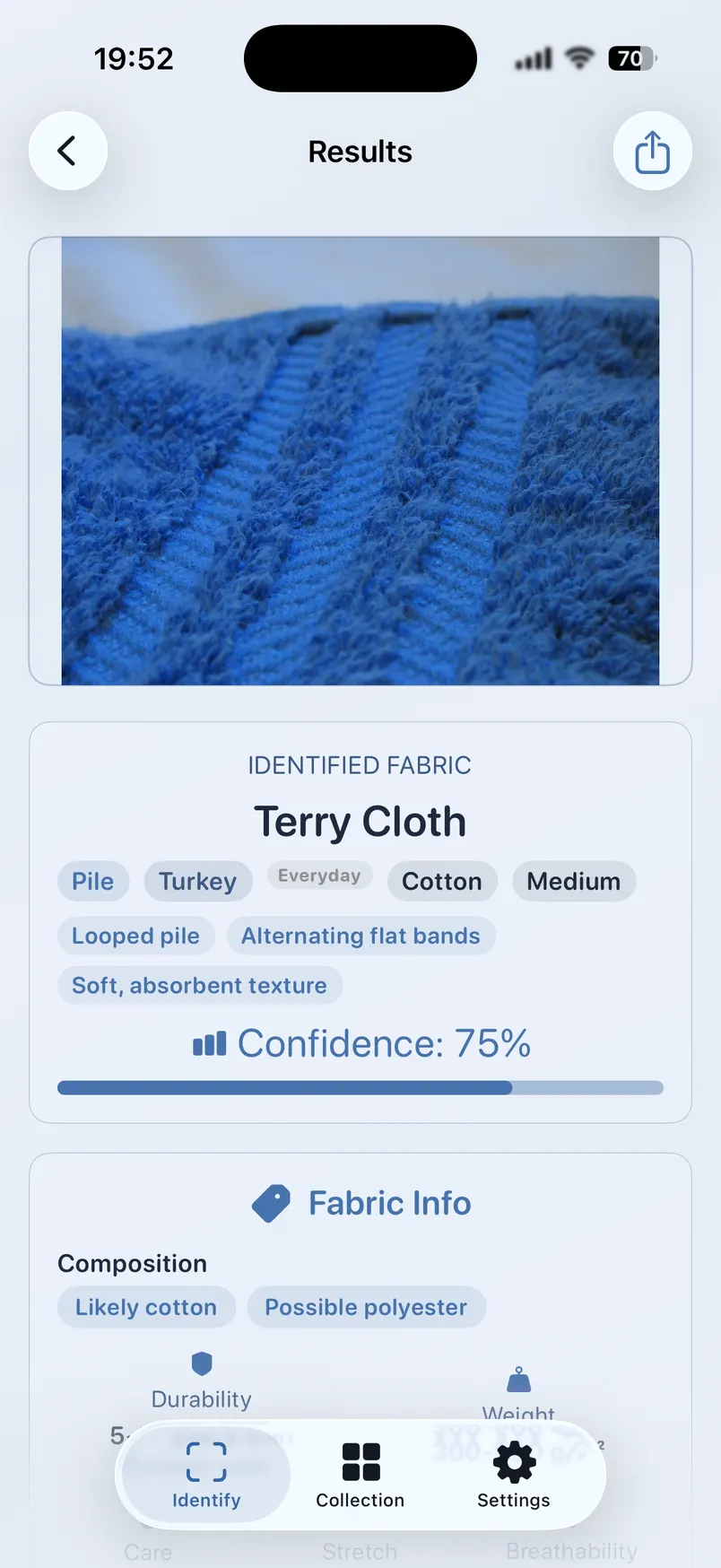 Fabric Identifier result for a blue towel: Terry Cloth, pile, likely cotton, possible polyester, 75% confidence.